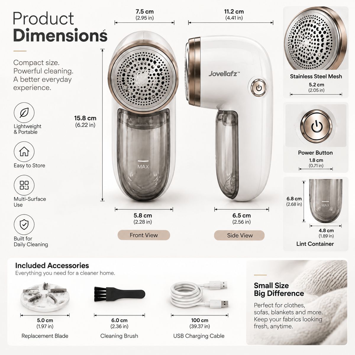 Jovellafz™ Electric Fabric Shaver & Lint Remover | Rechargeable Clothes Fuzz Trimmer with Stainless Steel Mesh for Sweaters, Sofas, Blankets & Fabrics - product image 5