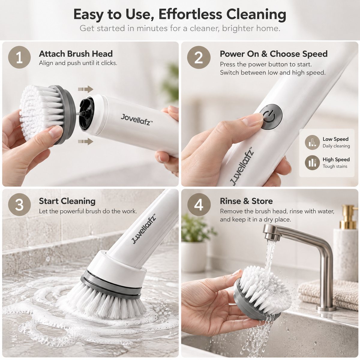 Jovellafz™ Electric Spin Cleaning Brush | Rechargeable Cordless Scrubber with Multiple Brush Heads, 2-Speed Control & IPX7 Waterproof Design for Bathroom, Kitchen & Home Cleaning - product image 3