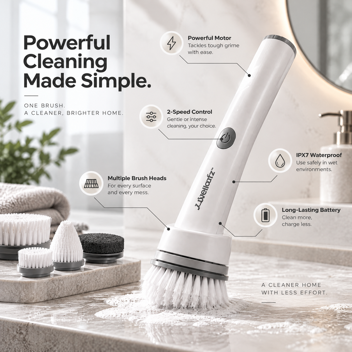 Jovellafz™ Electric Spin Cleaning Brush | Rechargeable Cordless Scrubber with Multiple Brush Heads, 2-Speed Control & IPX7 Waterproof Design for Bathroom, Kitchen & Home Cleaning - product image 5