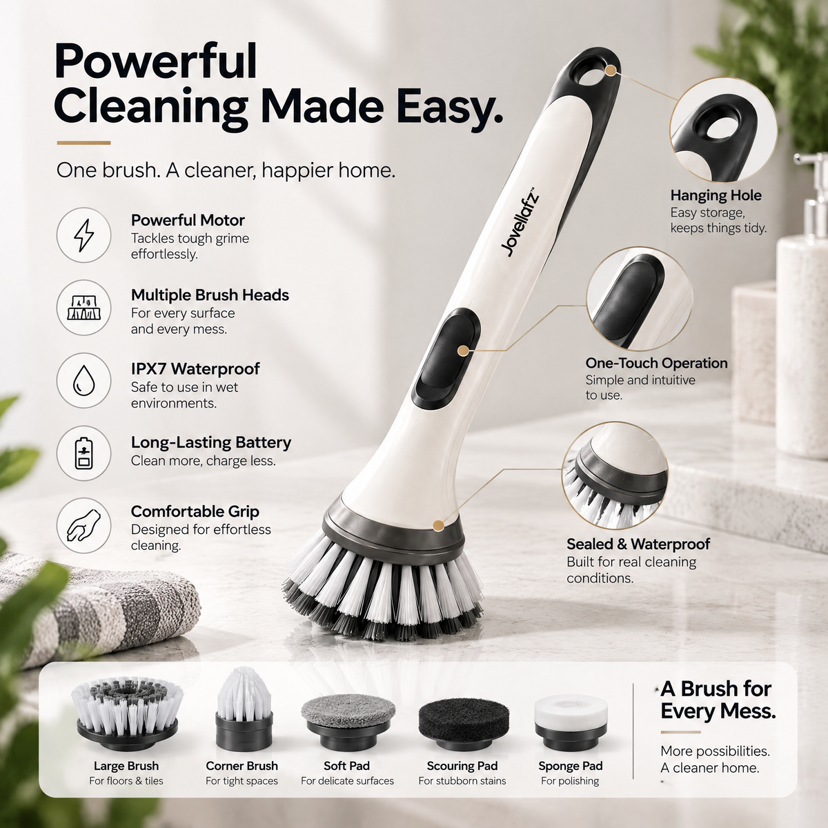 Jovellafz™ Cordless Electric Spin Cleaning Brush | Multi-Head Rechargeable Scrubber with Powerful Motor, IPX7 Waterproof Design & Long-Lasting Battery for Bathroom, Kitchen & Home Cleaning - product image 4