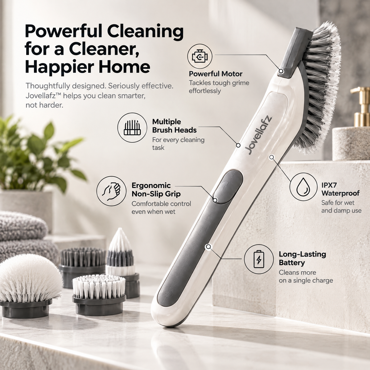 Jovellafz™ Electric Cleaning Brush | Rechargeable Cordless Scrubber with Multiple Brush Heads, Powerful Motor, IPX7 Waterproof Design & Long-Lasting Battery for Bathroom, Kitchen and Home Cleaning - product image 4