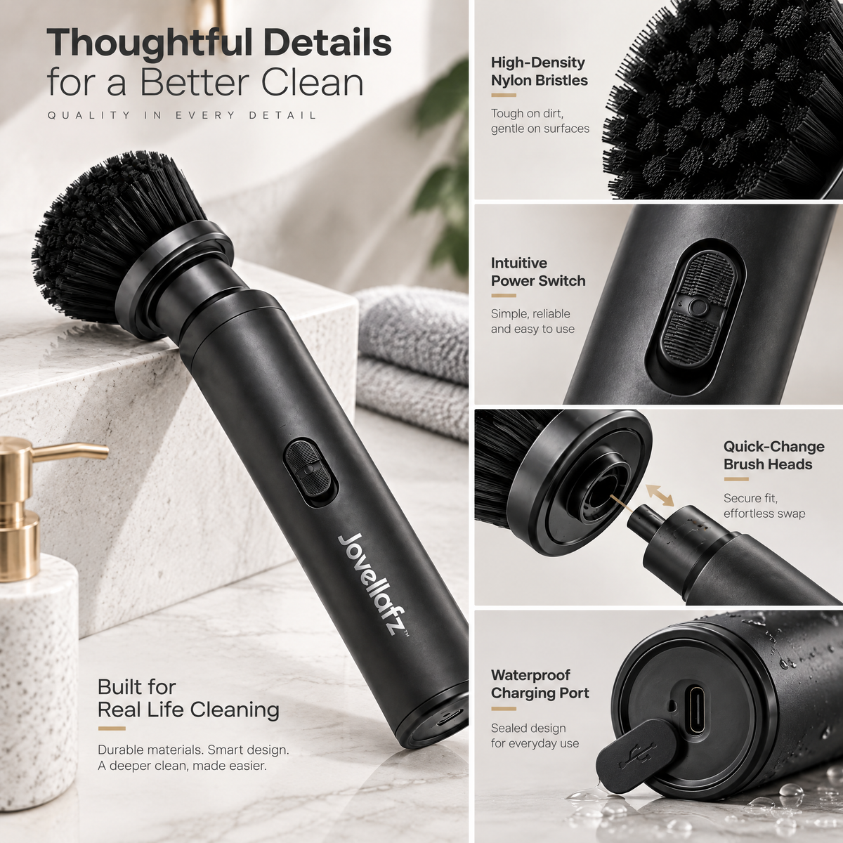 Jovellafz™ Cordless Electric Cleaning Brush | Multi-Surface Spin Scrubber with Powerful Motor, 5 Interchangeable Brush Heads, IPX7 Waterproof Design & Rechargeable Battery for Bathroom, Kitchen and Car Cleaning - product image 3
