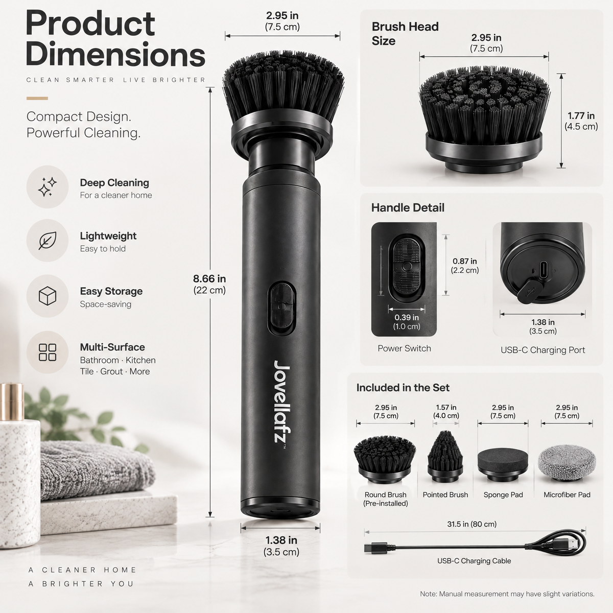 Jovellafz™ Cordless Electric Cleaning Brush | Multi-Surface Spin Scrubber with Powerful Motor, 5 Interchangeable Brush Heads, IPX7 Waterproof Design & Rechargeable Battery for Bathroom, Kitchen and Car Cleaning - product image 4