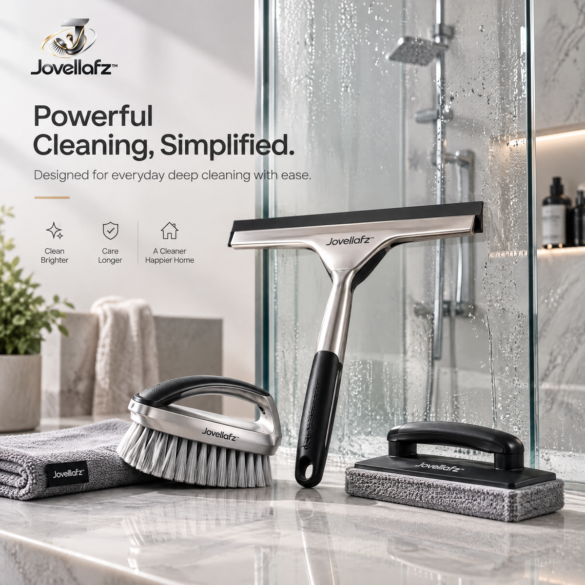 Jovellafz™ Premium Shower Squeegee | Stainless Steel Window Cleaner with Silicone Blade, Streak-Free Glass Wiper, Ergonomic Non-Slip Handle for Bathroom, Kitchen, Car & Tile Surfaces - product image 1