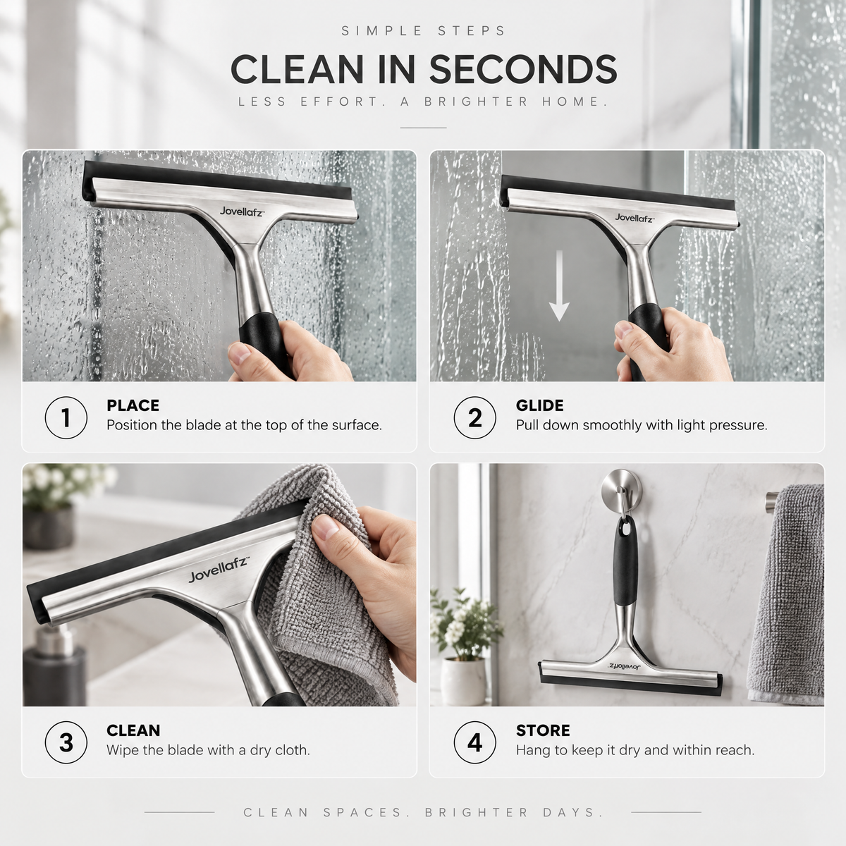 Jovellafz™ Premium Shower Squeegee | Stainless Steel Window Cleaner with Silicone Blade, Streak-Free Glass Wiper, Ergonomic Non-Slip Handle for Bathroom, Kitchen, Car & Tile Surfaces - product image 3