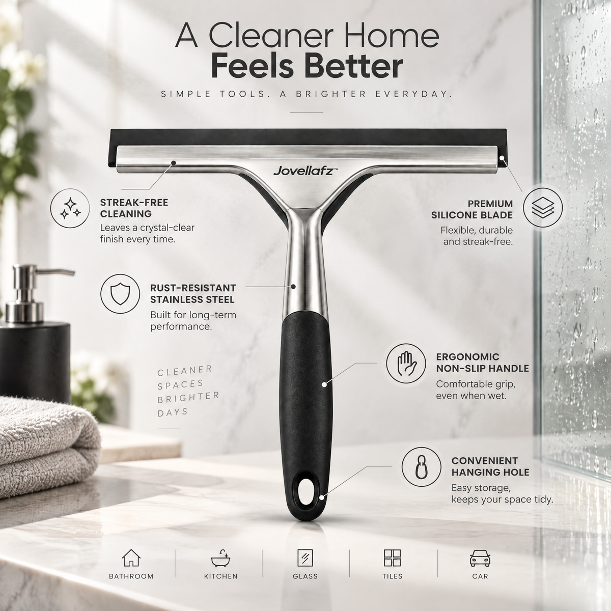 Jovellafz™ Premium Shower Squeegee | Stainless Steel Window Cleaner with Silicone Blade, Streak-Free Glass Wiper, Ergonomic Non-Slip Handle for Bathroom, Kitchen, Car & Tile Surfaces - product image 4