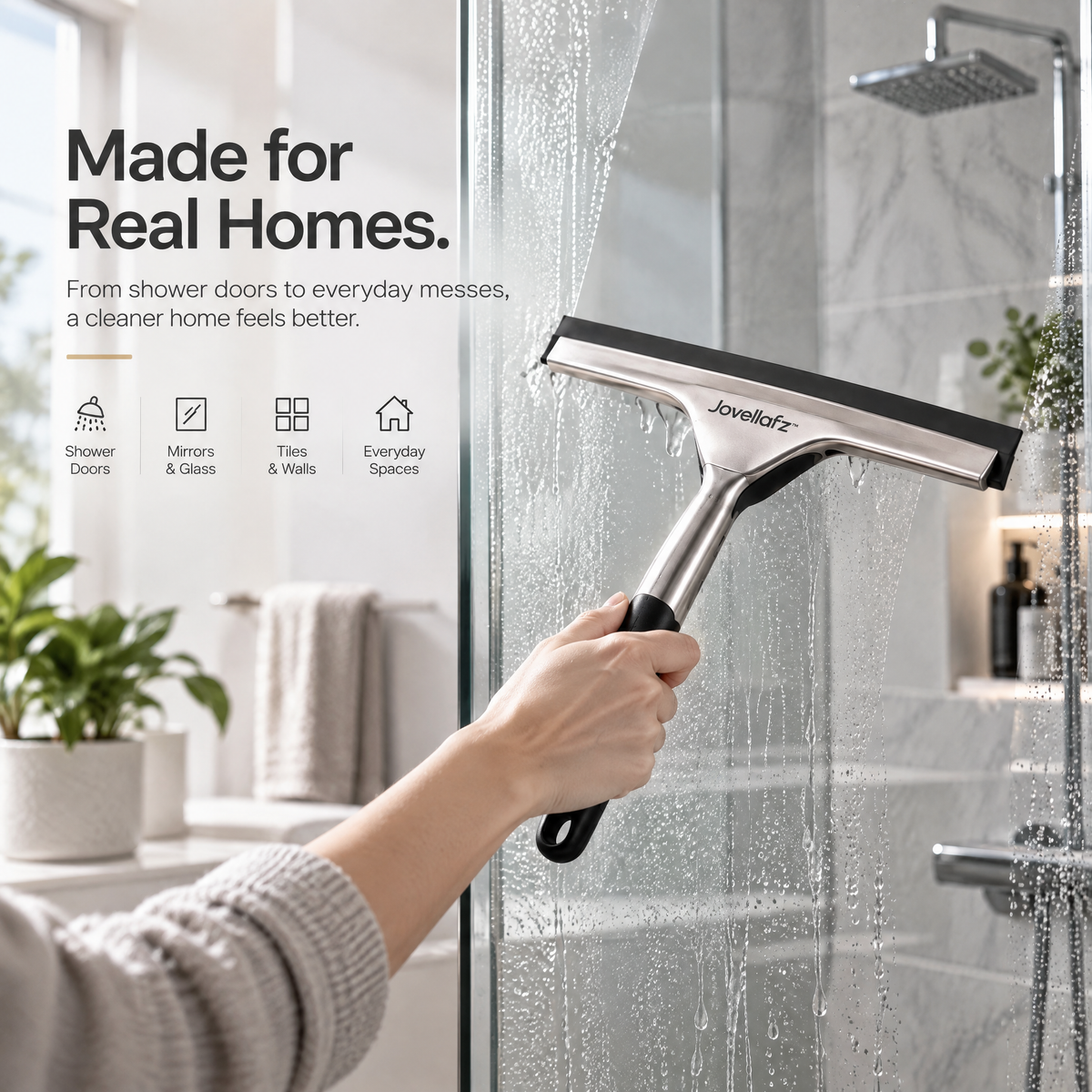 Jovellafz™ Premium Shower Squeegee | Stainless Steel Window Cleaner with Silicone Blade, Streak-Free Glass Wiper, Ergonomic Non-Slip Handle for Bathroom, Kitchen, Car & Tile Surfaces - product image 5