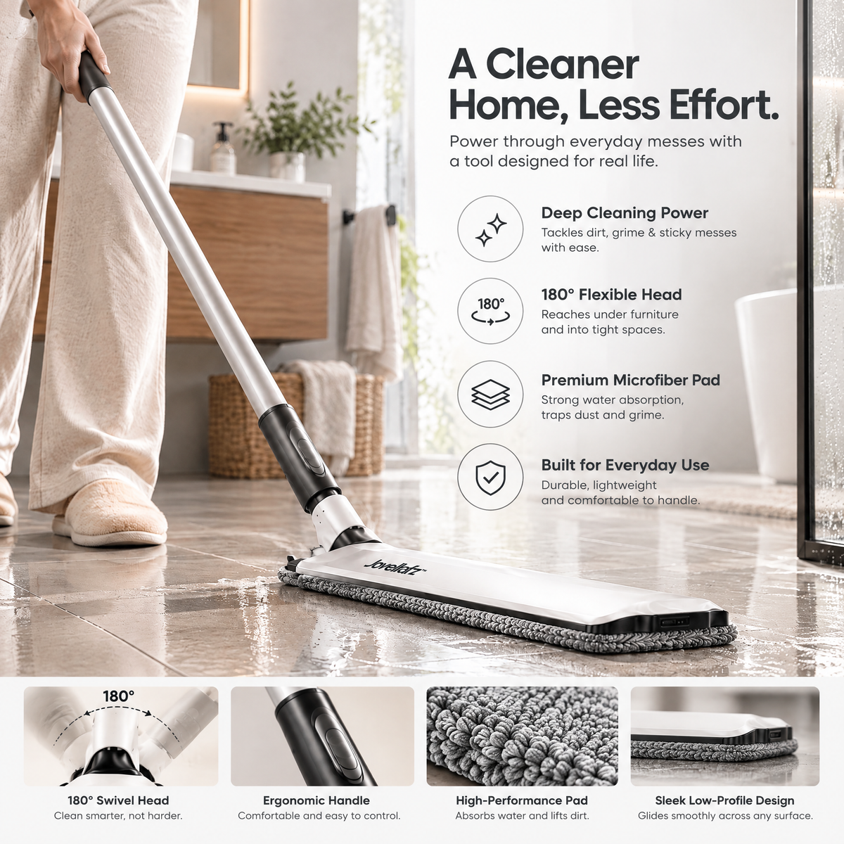 Jovellafz™ Spray Mop with Washable Microfiber Pad | Flat Floor Cleaner with 360° Rotation, Wet Mop System for Hardwood, Tile, Laminate & Bathroom Floors - product image 4