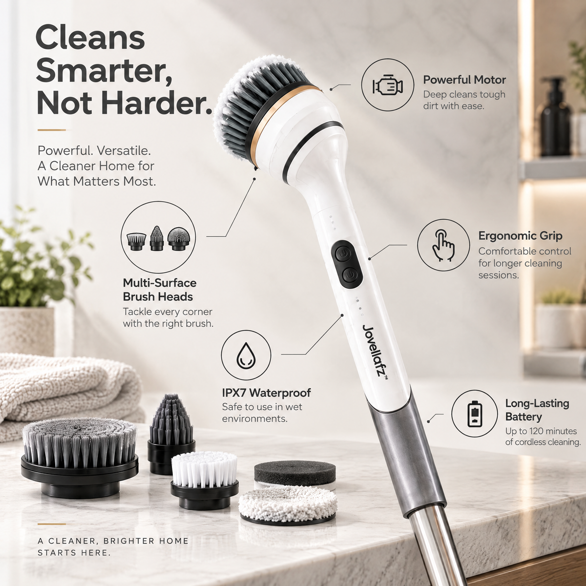 Jovellafz™ Cordless Electric Spin Scrubber | Multi-Surface Cleaning Brush with Powerful Motor, Interchangeable Brush Heads, IPX7 Waterproof Design & Long-Lasting Battery for Bathroom, Kitchen and Home Cleaning - product image 3